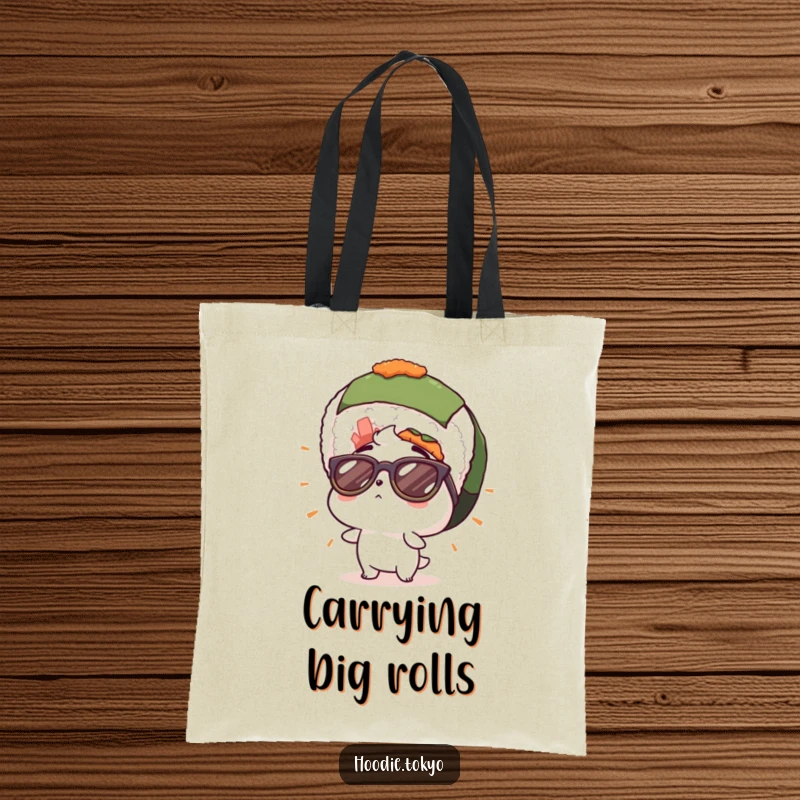 Funny tote bag featuring a character in cool sunglasses, looking up in surprise at a giant sushi roll, a stylish way to carry essentials.