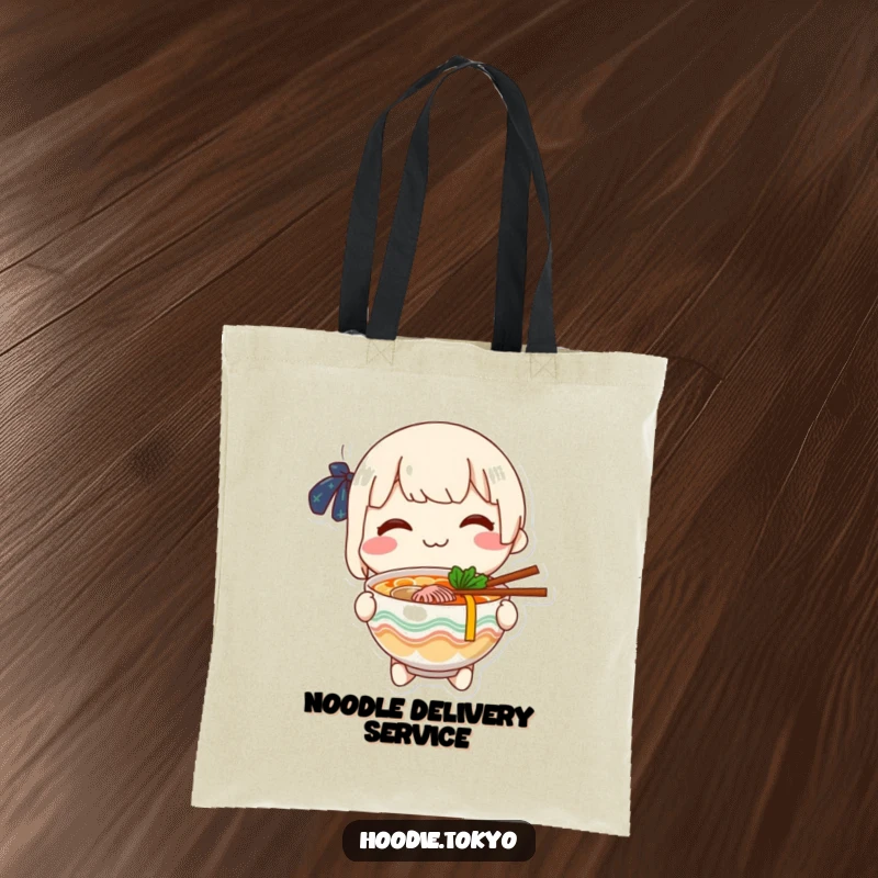 Funny cheerful character holding a bowl of ramen and offering it with a smile, a charming tote bag.