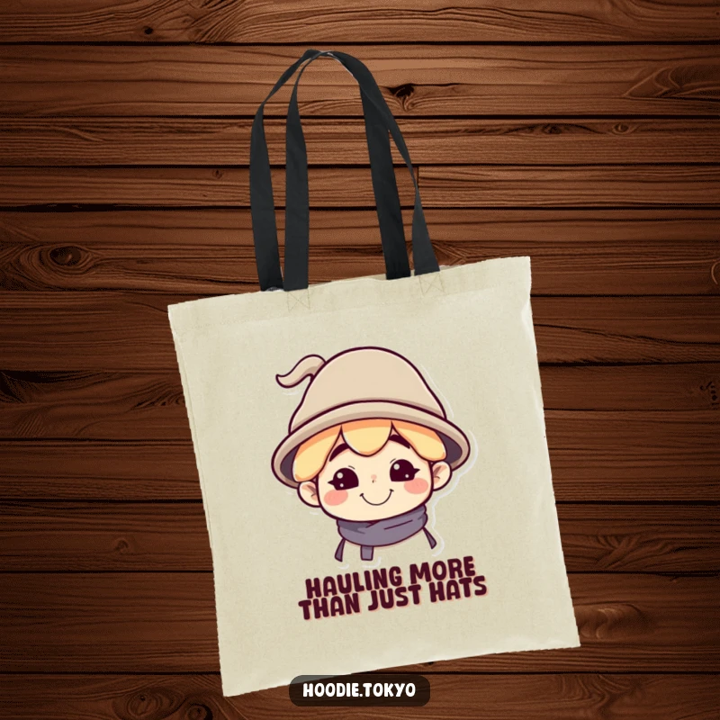 Funny Tote Bag: Character with a Silly Grin and a Tilted Oversized Hat, Ideal for Shopping and Fun