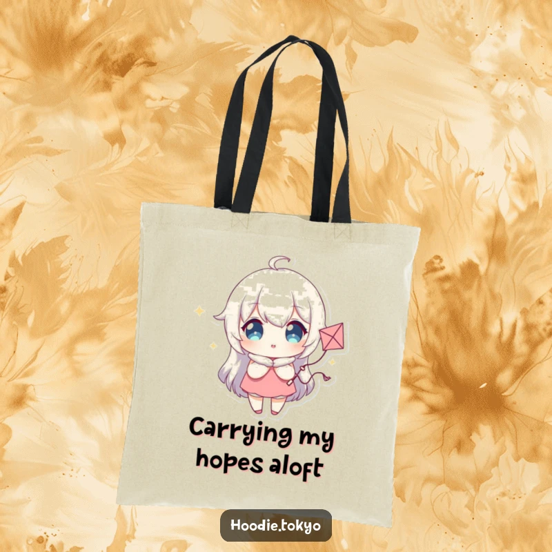 Funny Tote Bag featuring a Character with Sparkling Eyes and a Whimsical Kite, Ideal for Daily Adventures